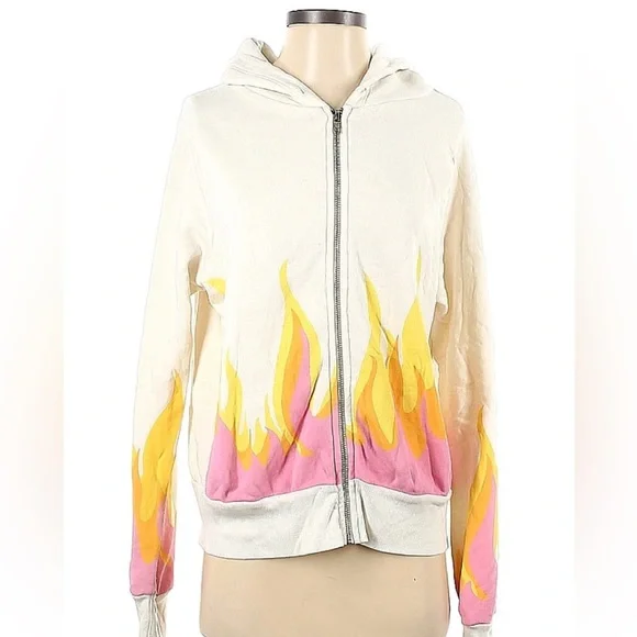 Wildfox white zip-up hoodie with pink/yellow/orange flames- Size S - Picture 12 of 13